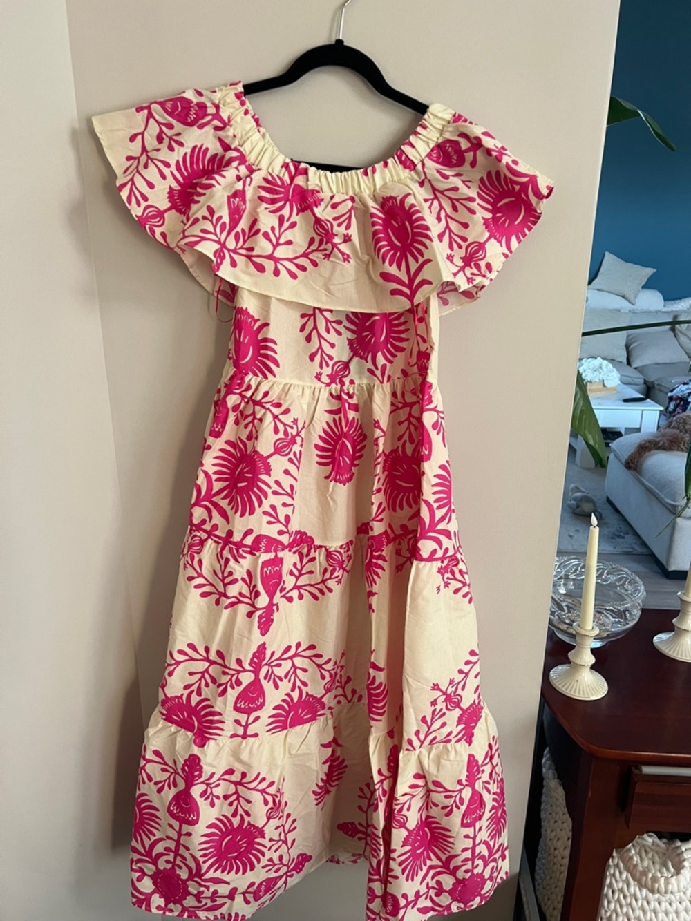 NWT | Fame Cream Maxi Dress with Hot Pink Floral Ruffle and Belt - Size S
